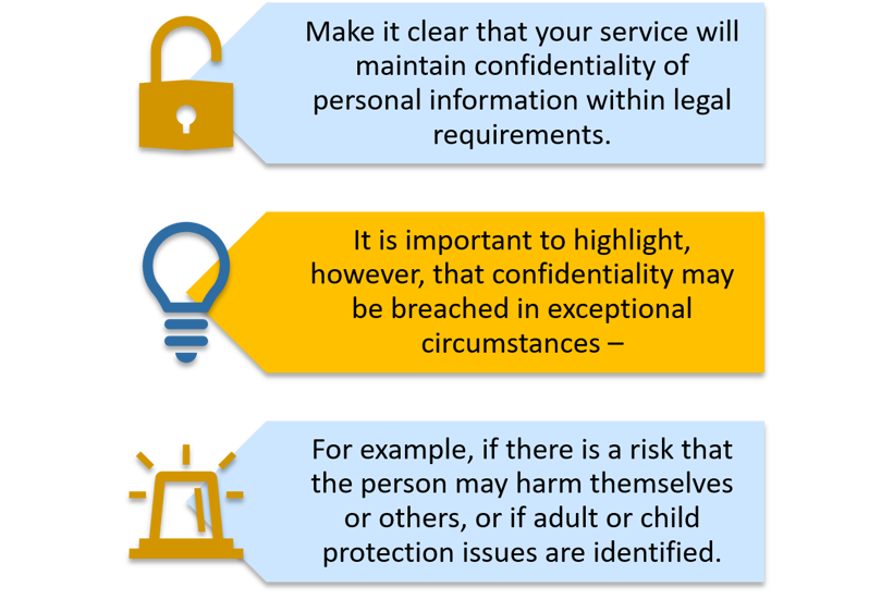 Image 1 of 3 Open padlock Point 1 of 3 Make it clear that your service will maintain confidentiality of personal information within legal requirements.  Image 2 of 3 Lightbulb Point 2 of 3 It is important to highlight, however, that confidentiality may be breached in exceptional circumstances - Image 3 of 3 Flashing light or siren Point 3 of 3 for example, if there is a risk that the person  may harm themselves or others, or if adult or child protection issues are identified.