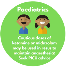 Cautious doses of ketamine or midazolam may be used in resus to maintain anaesthesia: Seek PICU advice.