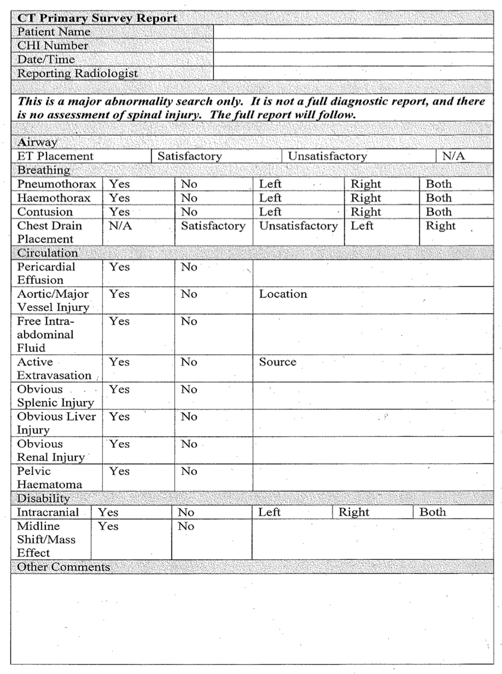 CT primary survey report