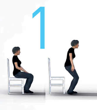 Woman sitting in a chair, and then she stands up