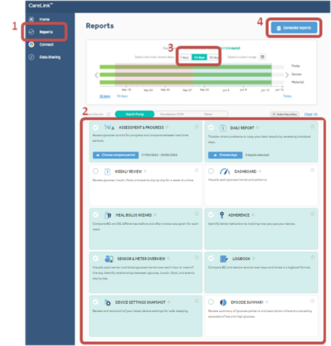 Carelink screenshot showing how to generate a report.